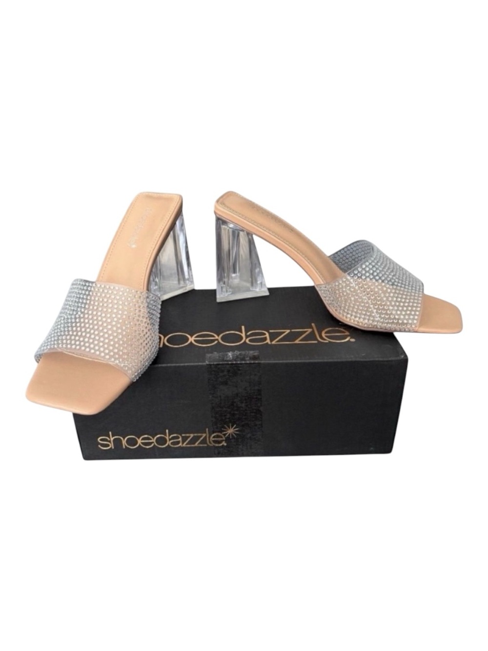 Shoedazzle Vela Rhinestone Clear Block Heel Slide Sandals Nude Size 11